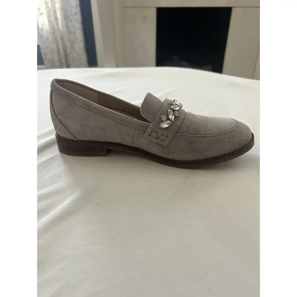 Vionic Avvy Suede Rhinestone Loafers Size 6 Light Gray Comfort Preppy